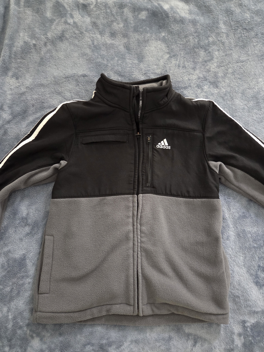 adidas Black and Gray Kids Two-Tone Fleece  Jacket with White Stripes
